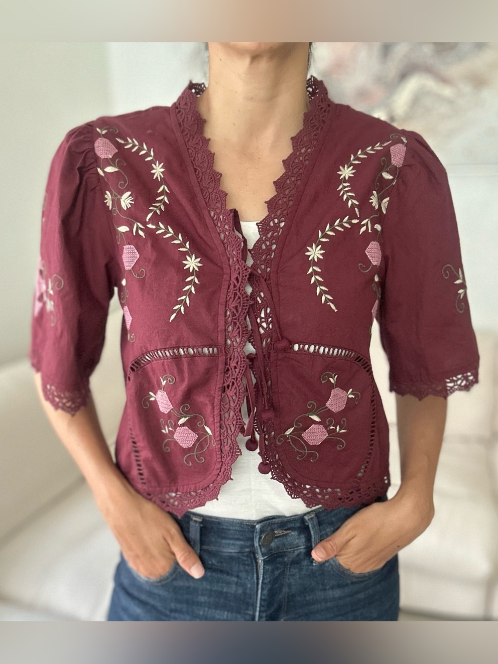 Women’s Jennifer & Grace Cotton Embroidered Lace-Trim Top XS NEW
